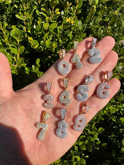 Silver Solid 925 Silver / Gold Bubble Lucky Number Pendant Iced Simulated Diamonds 0-9