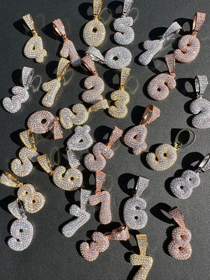 Silver Solid 925 Silver / Gold Bubble Lucky Number Pendant Iced Simulated Diamonds 0-9