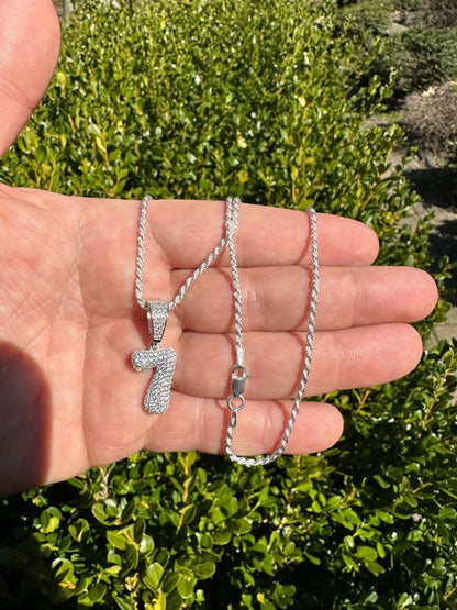 Silver Solid 925 Silver / Gold Bubble Lucky Number Pendant Iced Simulated Diamonds 0-9