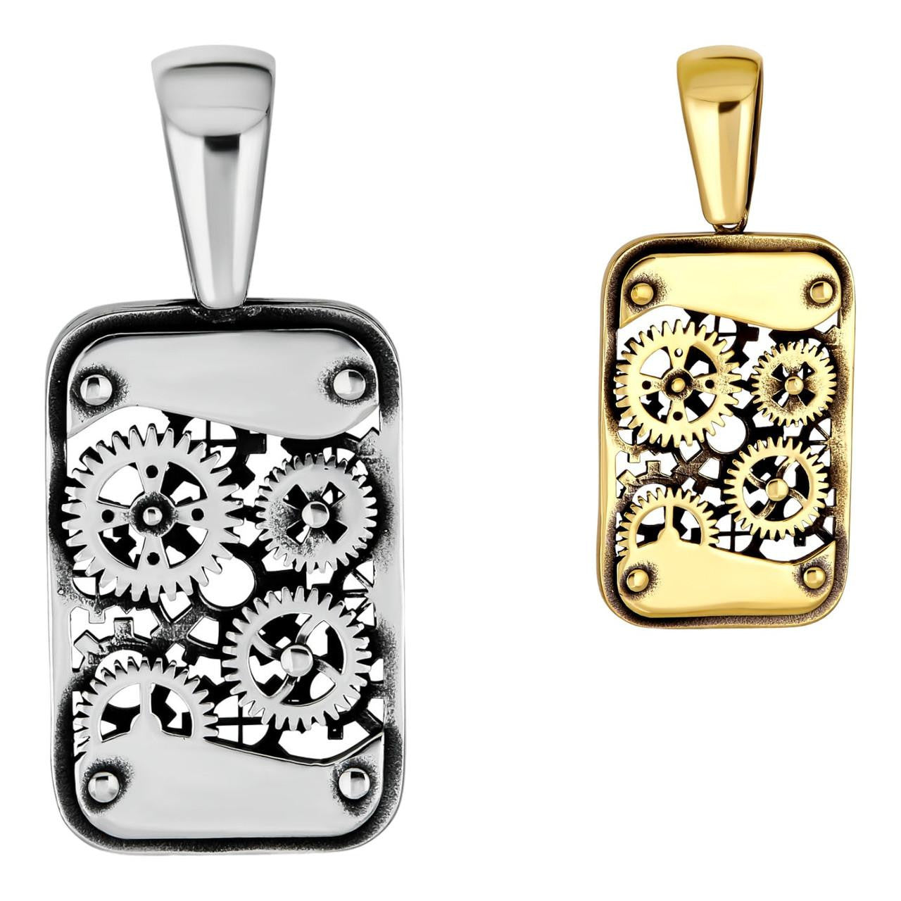 Silver Steampunk Gears Dog Tag Pendant - 14k Gold Vermeil Or Oxidized 925 Silver - Medium 2"