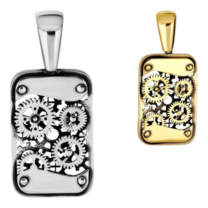 Silver Steampunk Gears Dog Tag Pendant - 14k Gold Vermeil Or Oxidized 925 Silver - Medium 2"