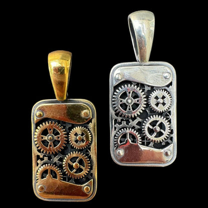 Silver Steampunk Gears Pendant 925 Silver / 14k Gold Vermeil 1.25" Dogtag Necklace