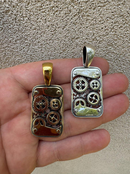 Silver Steampunk Gears Pendant 925 Silver / 14k Gold Vermeil 1.25" Dogtag Necklace