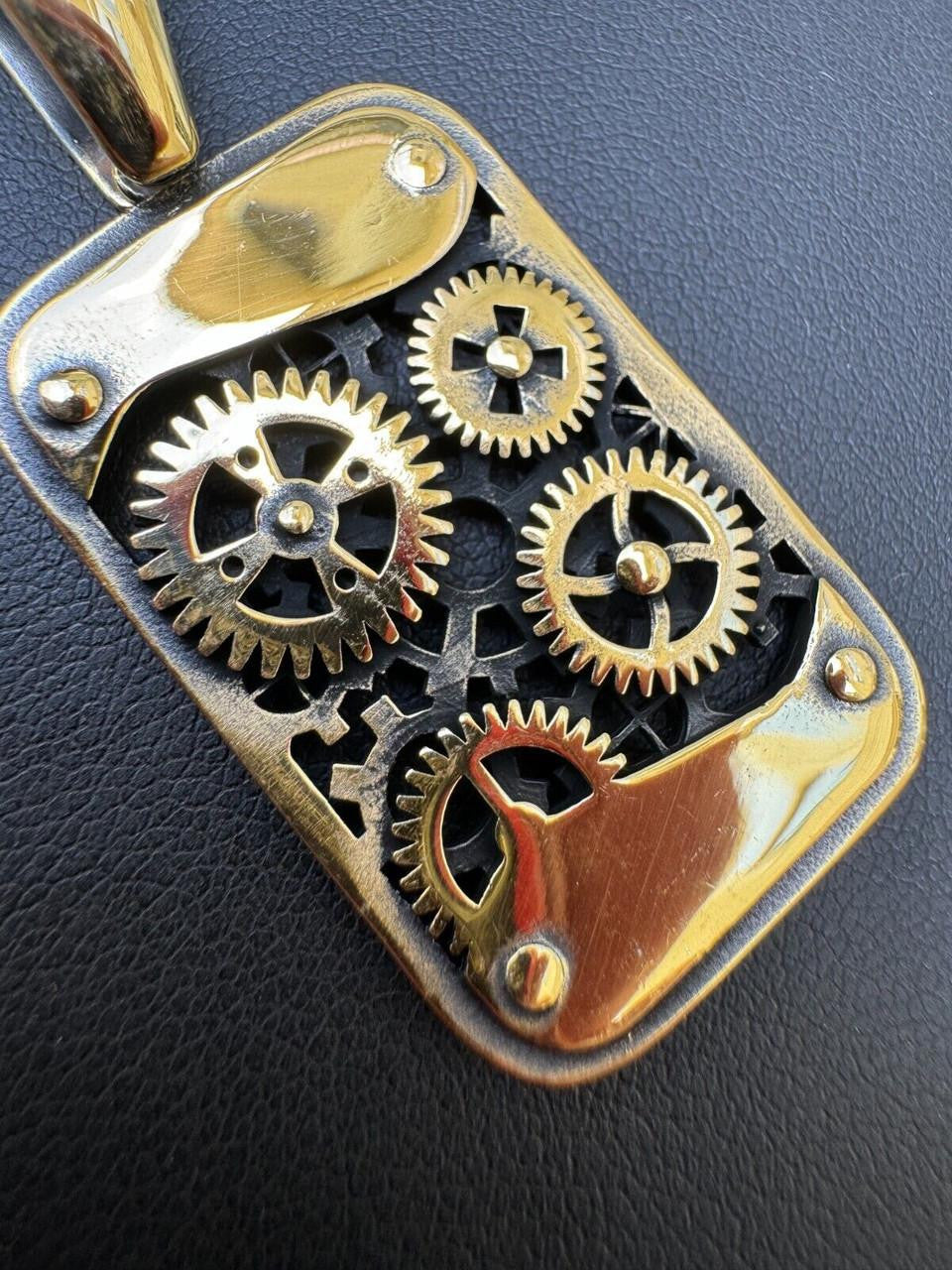 Silver Steampunk Gears Pendant 925 Silver / 14k Gold Vermeil 1.25" Dogtag Necklace