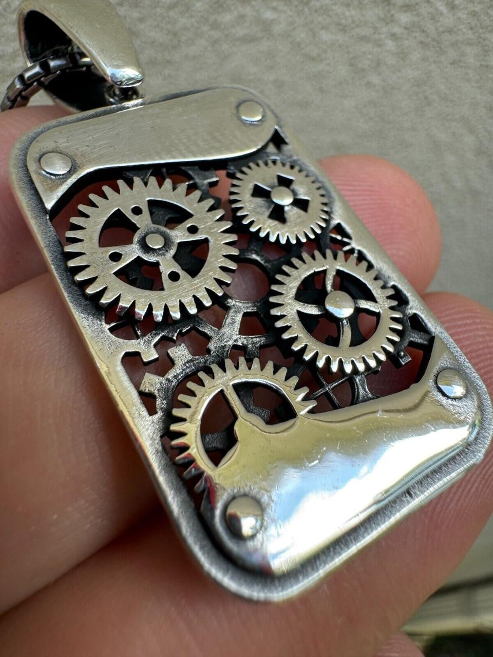 Silver Steampunk Gears Pendant 925 Silver / 14k Gold Vermeil 1.25" Dogtag Necklace
