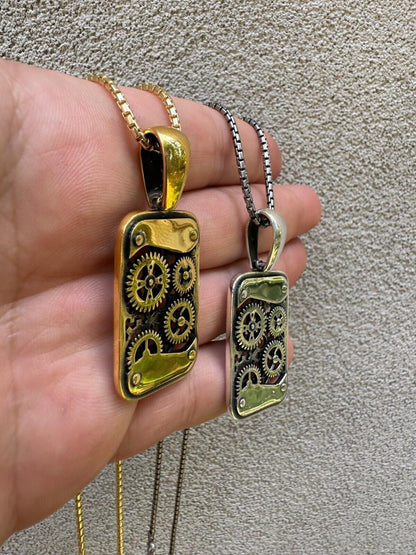 Silver Steampunk Gears Pendant 925 Silver / 14k Gold Vermeil 1.25" Dogtag Necklace