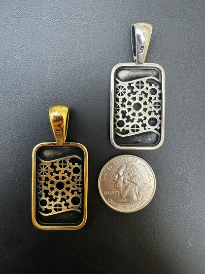 Silver Steampunk Gears Pendant 925 Silver / 14k Gold Vermeil 1.25" Dogtag Necklace