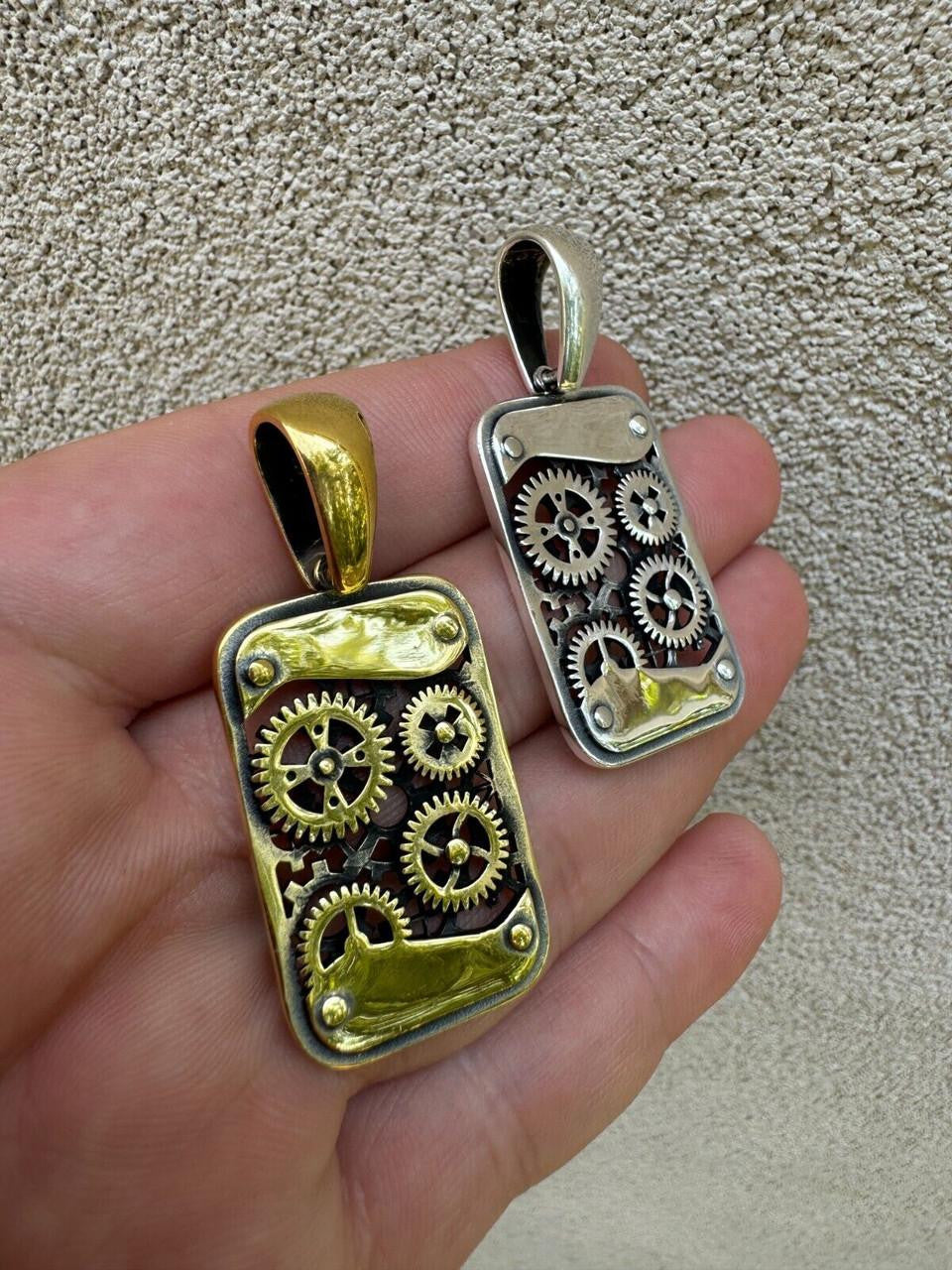 Silver Steampunk Gears Pendant 925 Silver / 14k Gold Vermeil 1.25" Dogtag Necklace