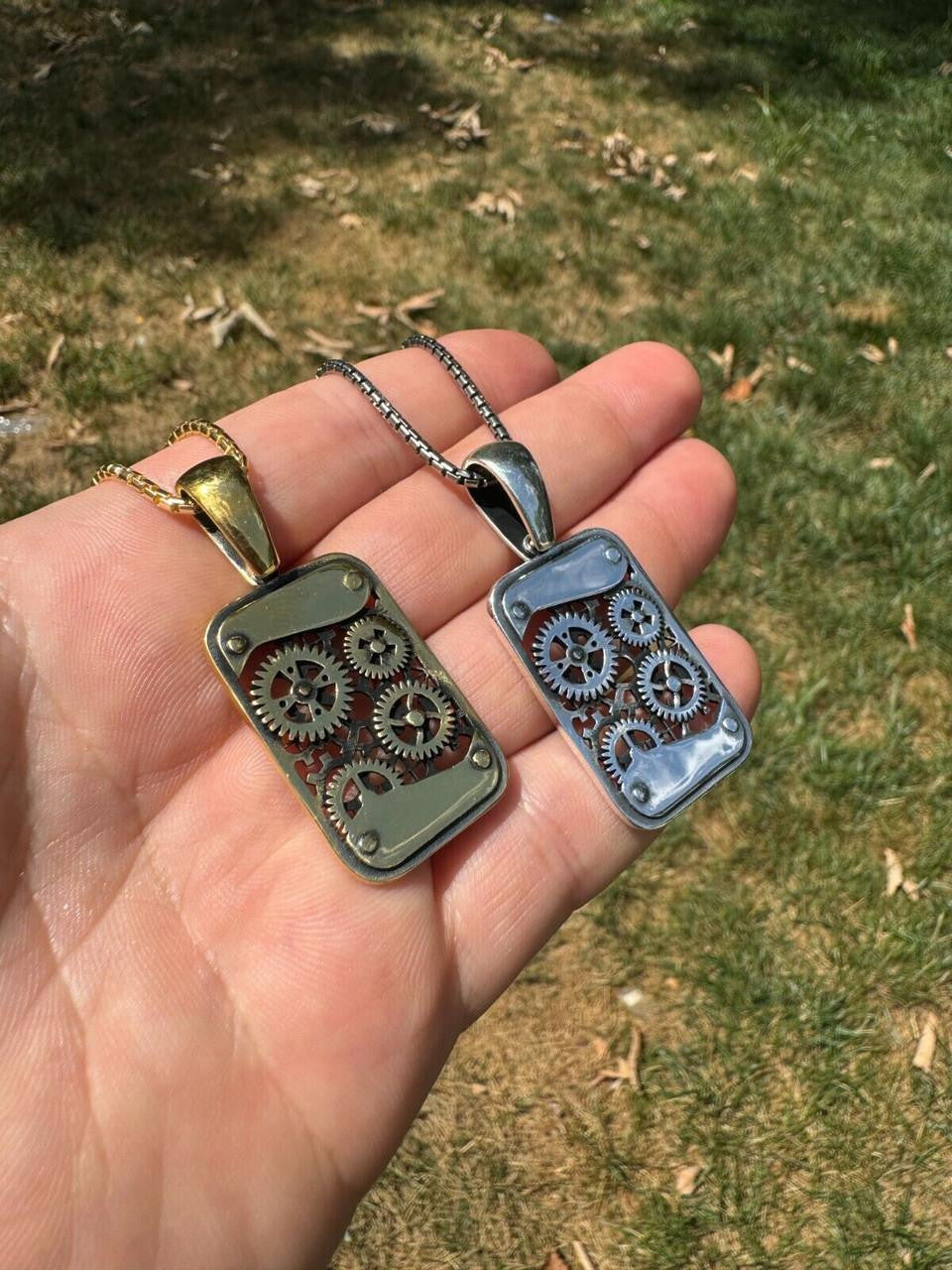 Silver Steampunk Gears Pendant 925 Silver / 14k Gold Vermeil 1.25" Dogtag Necklace