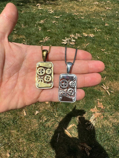 Silver Steampunk Gears Pendant 925 Silver / 14k Gold Vermeil 1.25" Dogtag Necklace