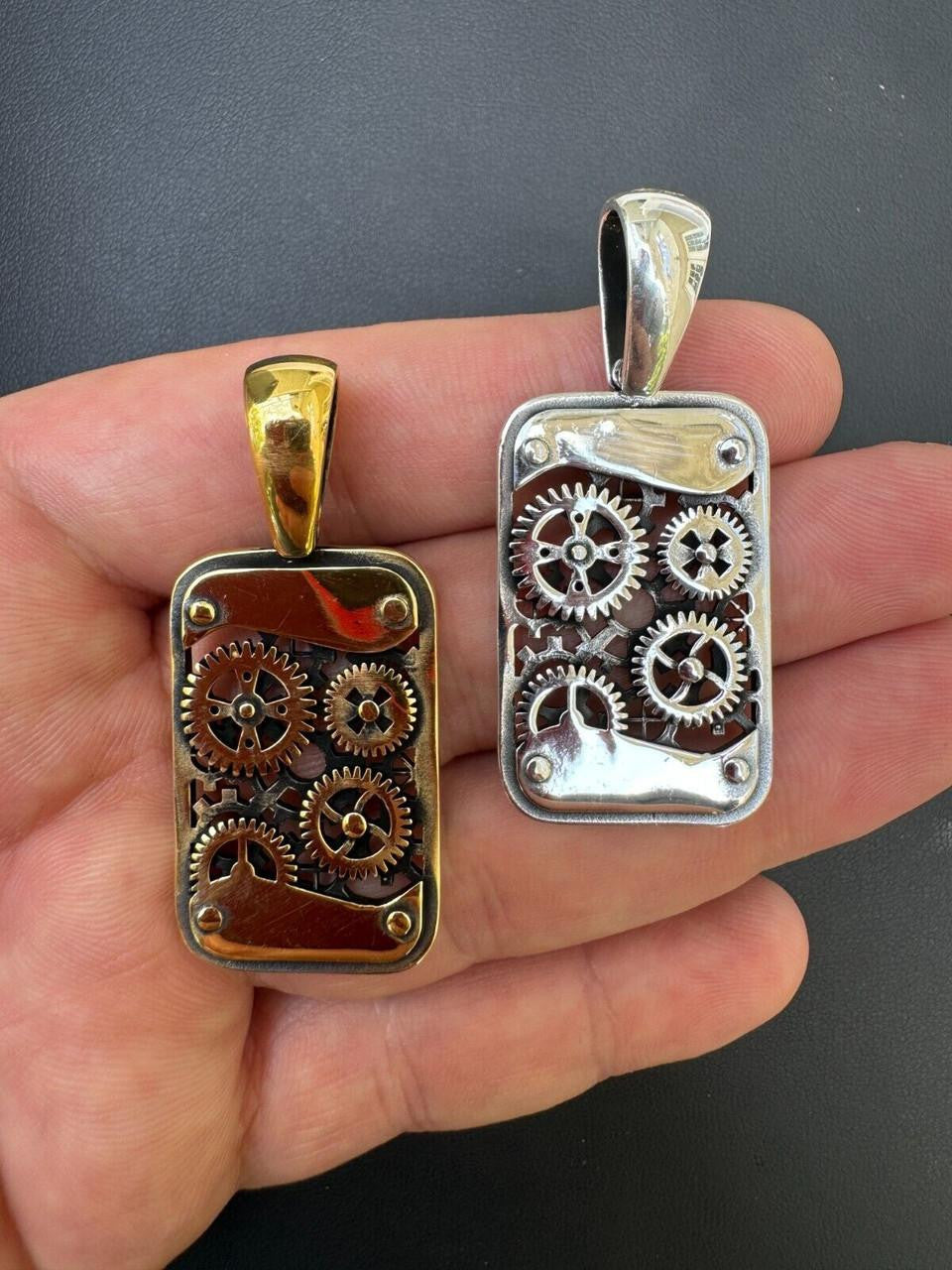 Silver Steampunk Gears Pendant 925 Silver / 14k Gold Vermeil 1.25" Dogtag Necklace