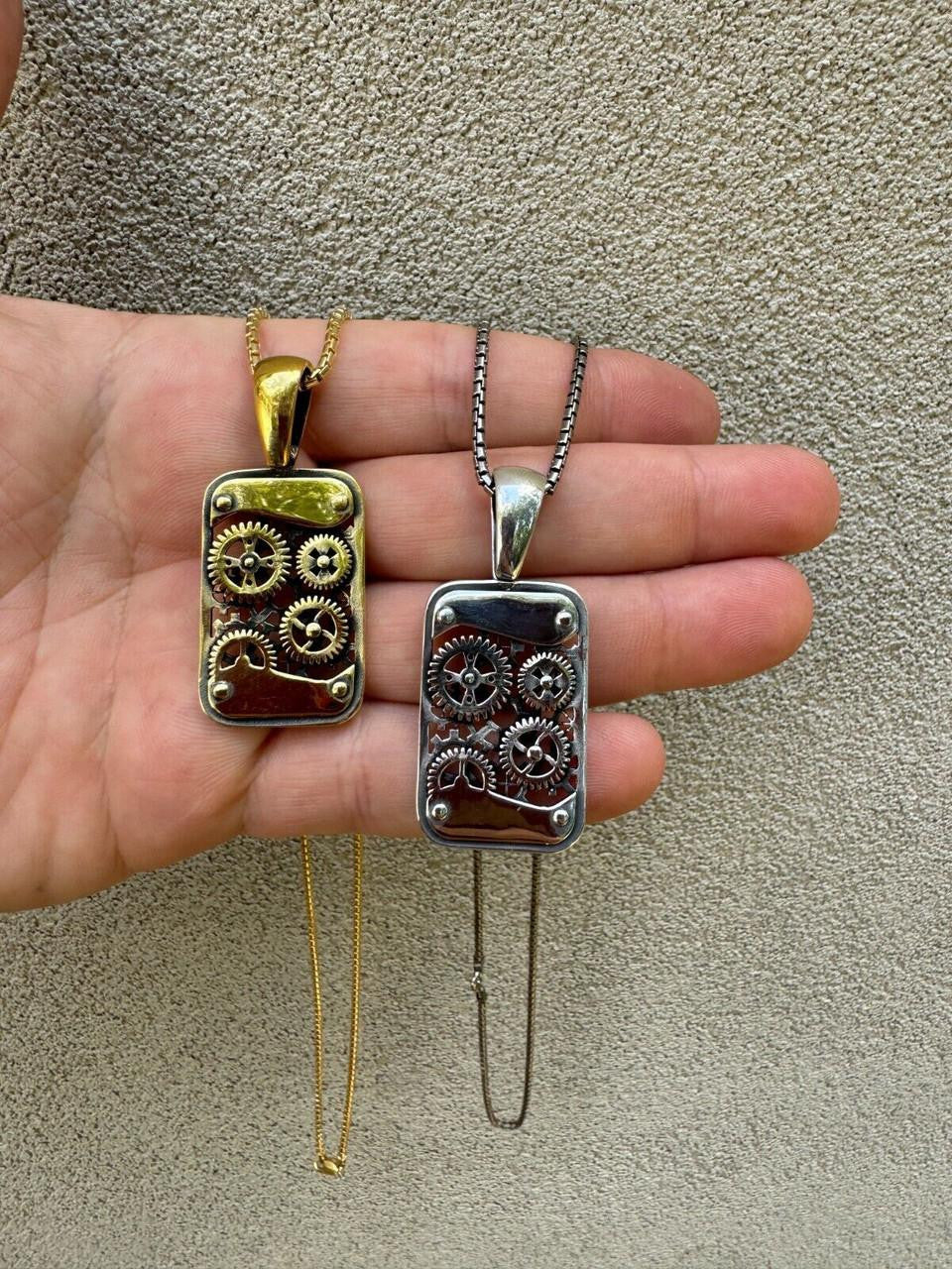 Silver Steampunk Gears Pendant 925 Silver / 14k Gold Vermeil 1.25" Dogtag Necklace