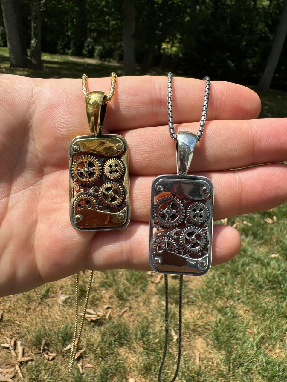 Silver Steampunk Gears Pendant 925 Silver / 14k Gold Vermeil 1.25" Dogtag Necklace