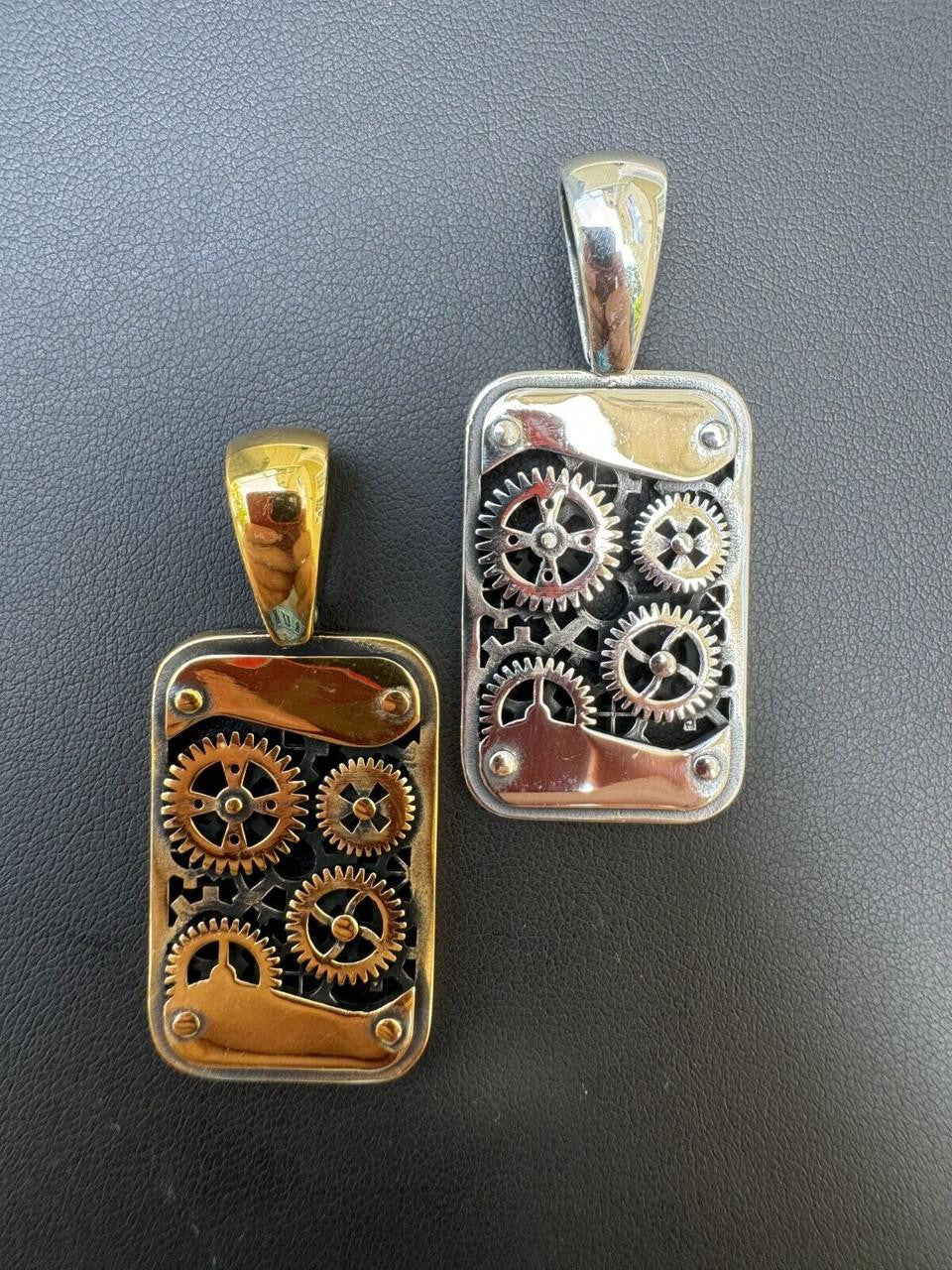 Silver Steampunk Gears Pendant 925 Silver / 14k Gold Vermeil 1.25" Dogtag Necklace