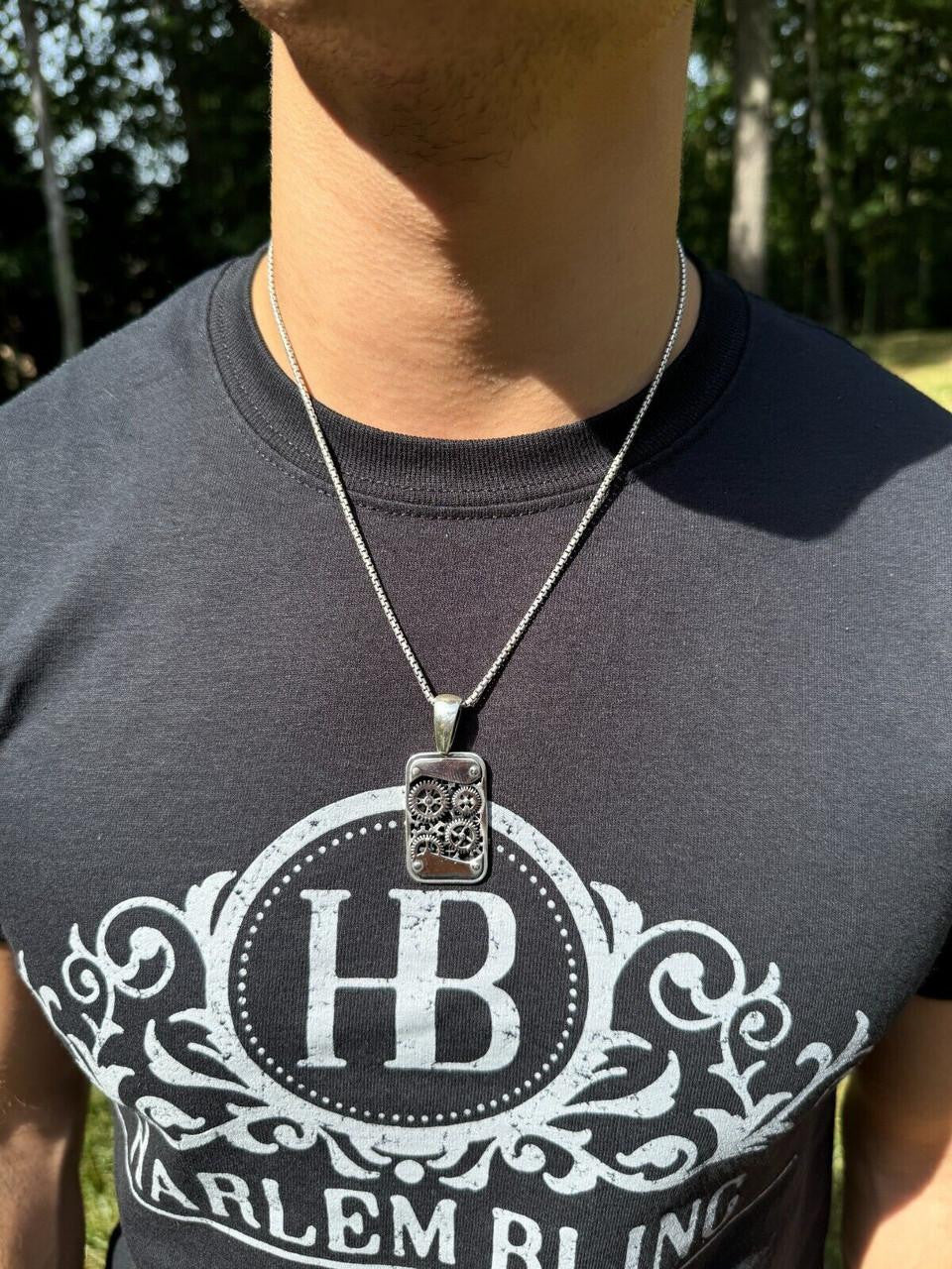 Silver Steampunk Gears Pendant 925 Silver / 14k Gold Vermeil 1.25" Dogtag Necklace