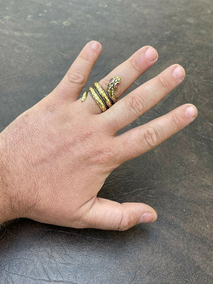 Snake Ring 14K Gold Vermeil 925 Silver Wrap Around Cobra W Ruby Eyes Sizes 5-12
