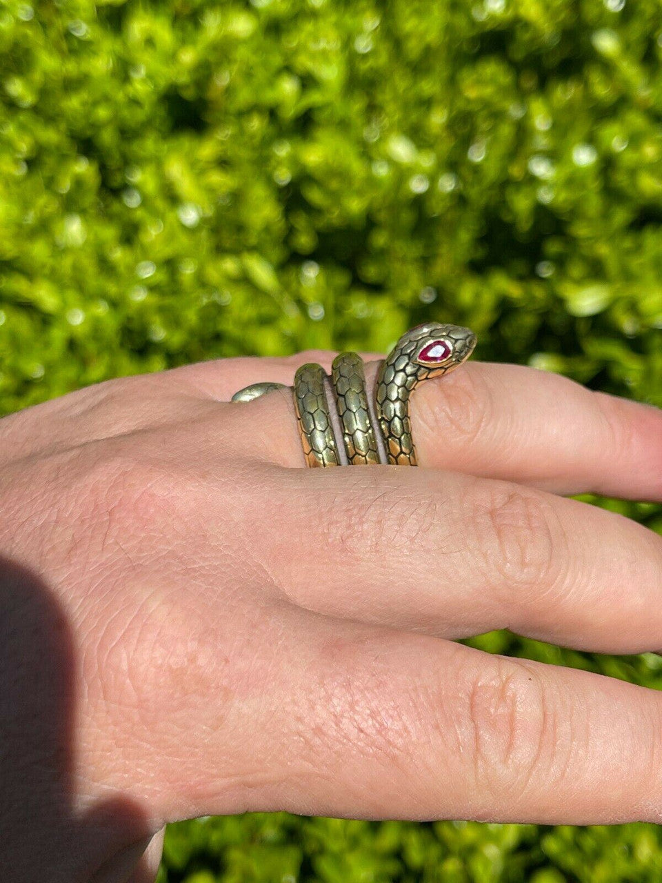 Snake Ring 14K Gold Vermeil 925 Silver Wrap Around Cobra W Ruby Eyes Sizes 5-12