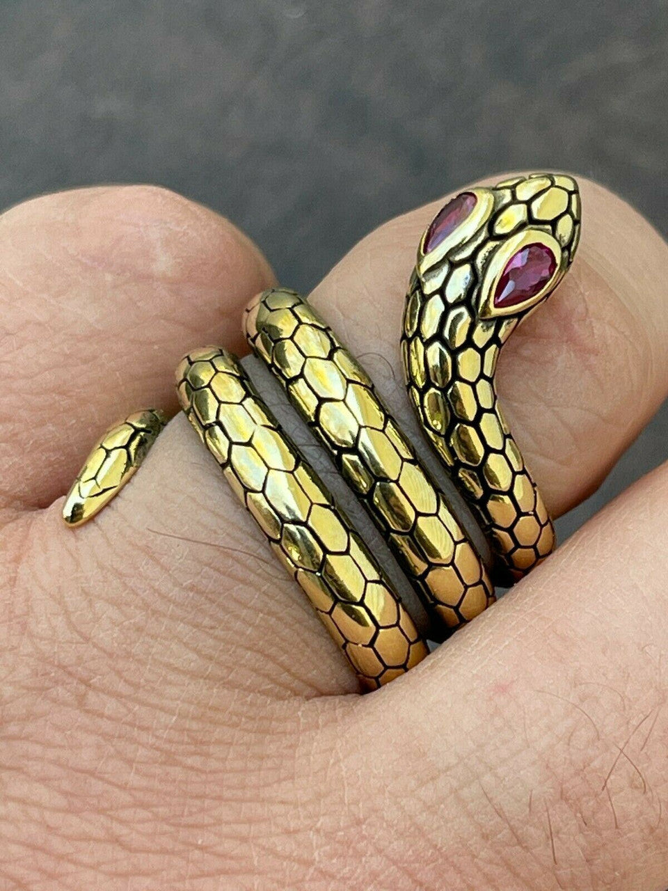 Snake Ring 14K Gold Vermeil 925 Silver Wrap Around Cobra W Ruby Eyes Sizes 5-12