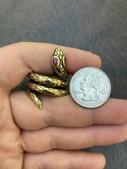 Snake Ring 14K Gold Vermeil 925 Silver Wrap Around Cobra W Ruby Eyes Sizes 5-12