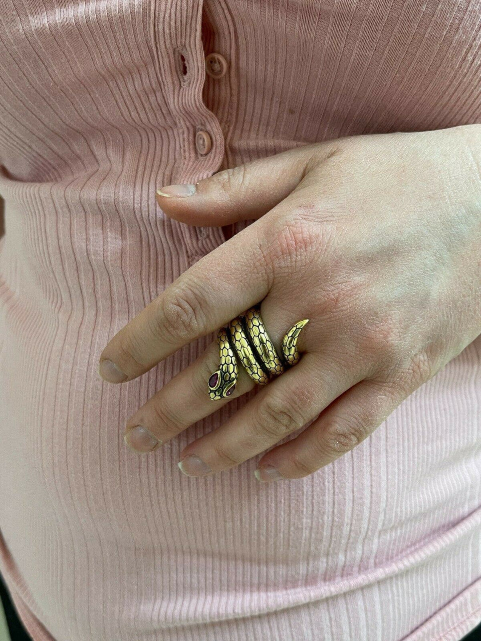 Snake Ring 14K Gold Vermeil 925 Silver Wrap Around Cobra W Ruby Eyes Sizes 5-12