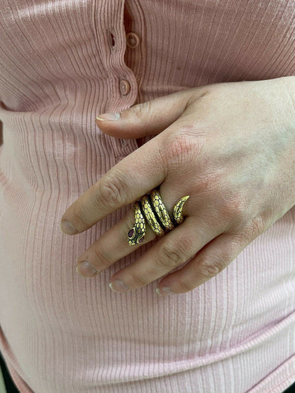 Snake Ring 14K Gold Vermeil 925 Silver Wrap Around Cobra W Ruby Eyes Sizes 5-12
