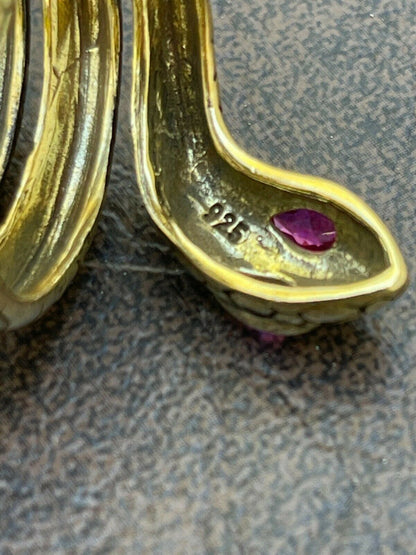 Snake Ring 14K Gold Vermeil 925 Silver Wrap Around Cobra W Ruby Eyes Sizes 5-12