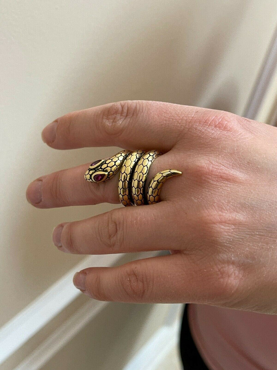 Snake Ring 14K Gold Vermeil 925 Silver Wrap Around Cobra W Ruby Eyes Sizes 5-12