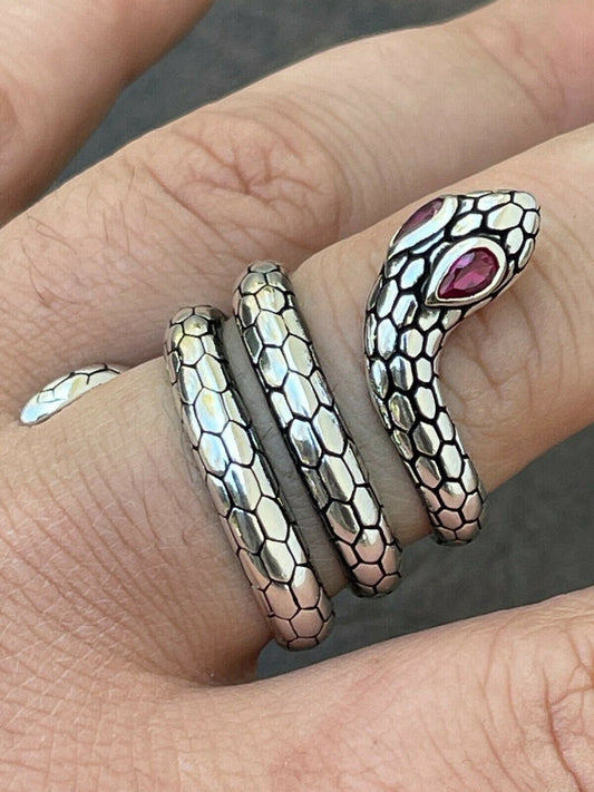 Snake Ring Solid 925 Sterling Silver Wrap Around Cobra W Ruby Eyes Sizes 5-12