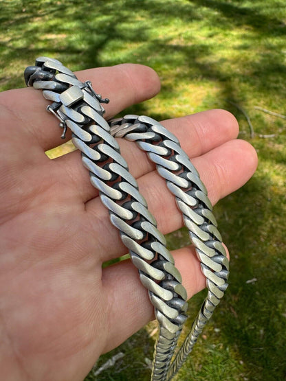 Solid 925 Silver Oxidized Handmade Double Curb Cuban Chain Necklace / Bracelet