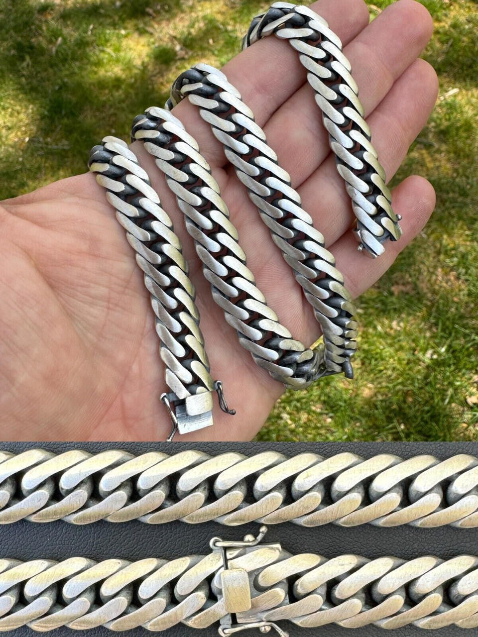 Solid 925 Silver Oxidized Handmade Double Curb Cuban Chain Necklace / Bracelet