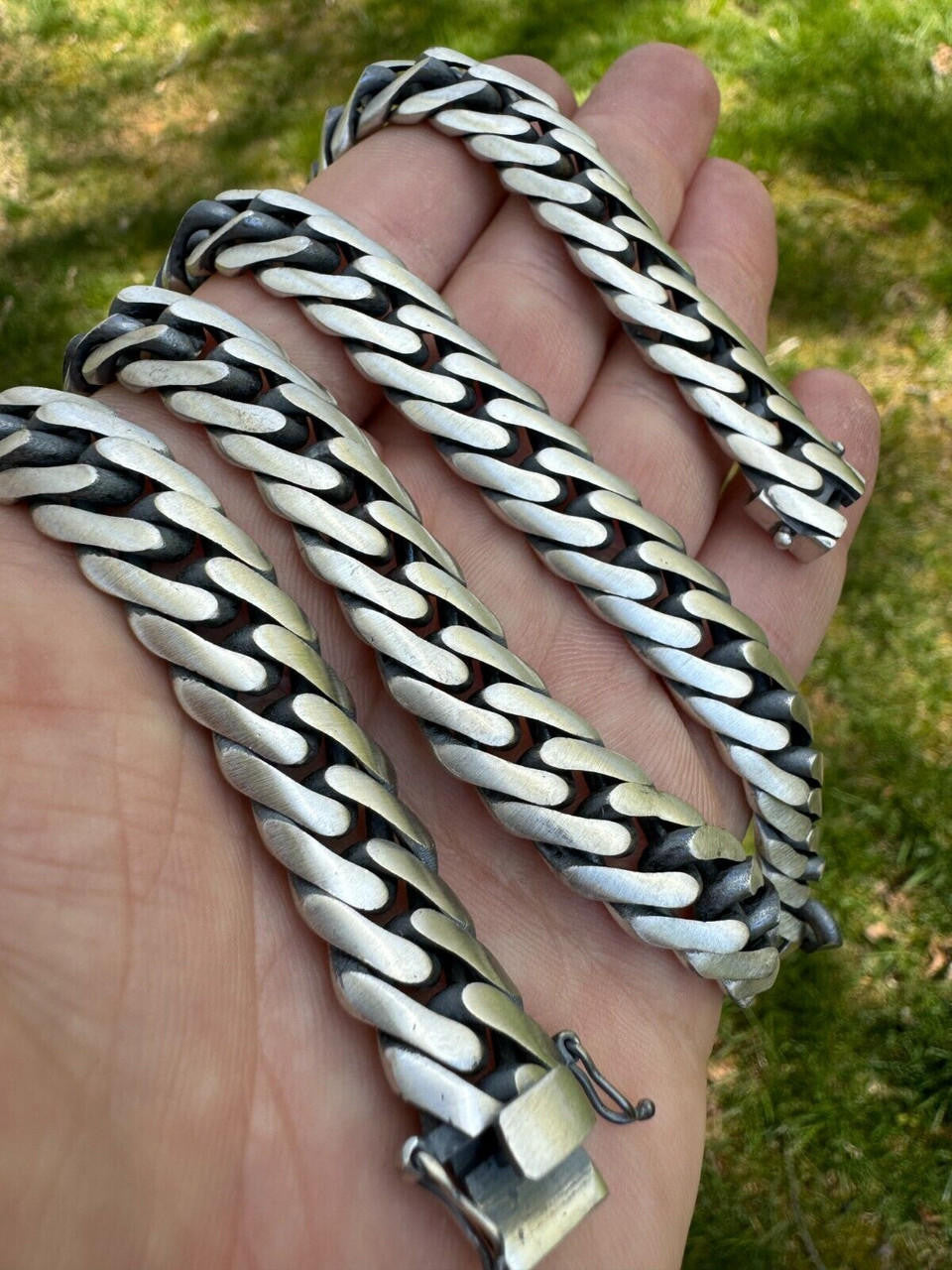 Solid 925 Silver Oxidized Handmade Double Curb Cuban Chain Necklace / Bracelet