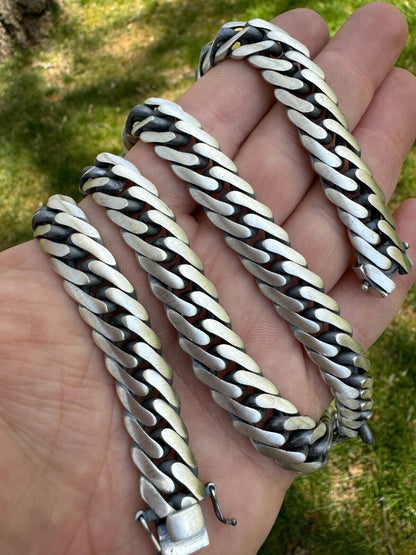 Solid 925 Silver Oxidized Handmade Double Curb Cuban Chain Necklace / Bracelet