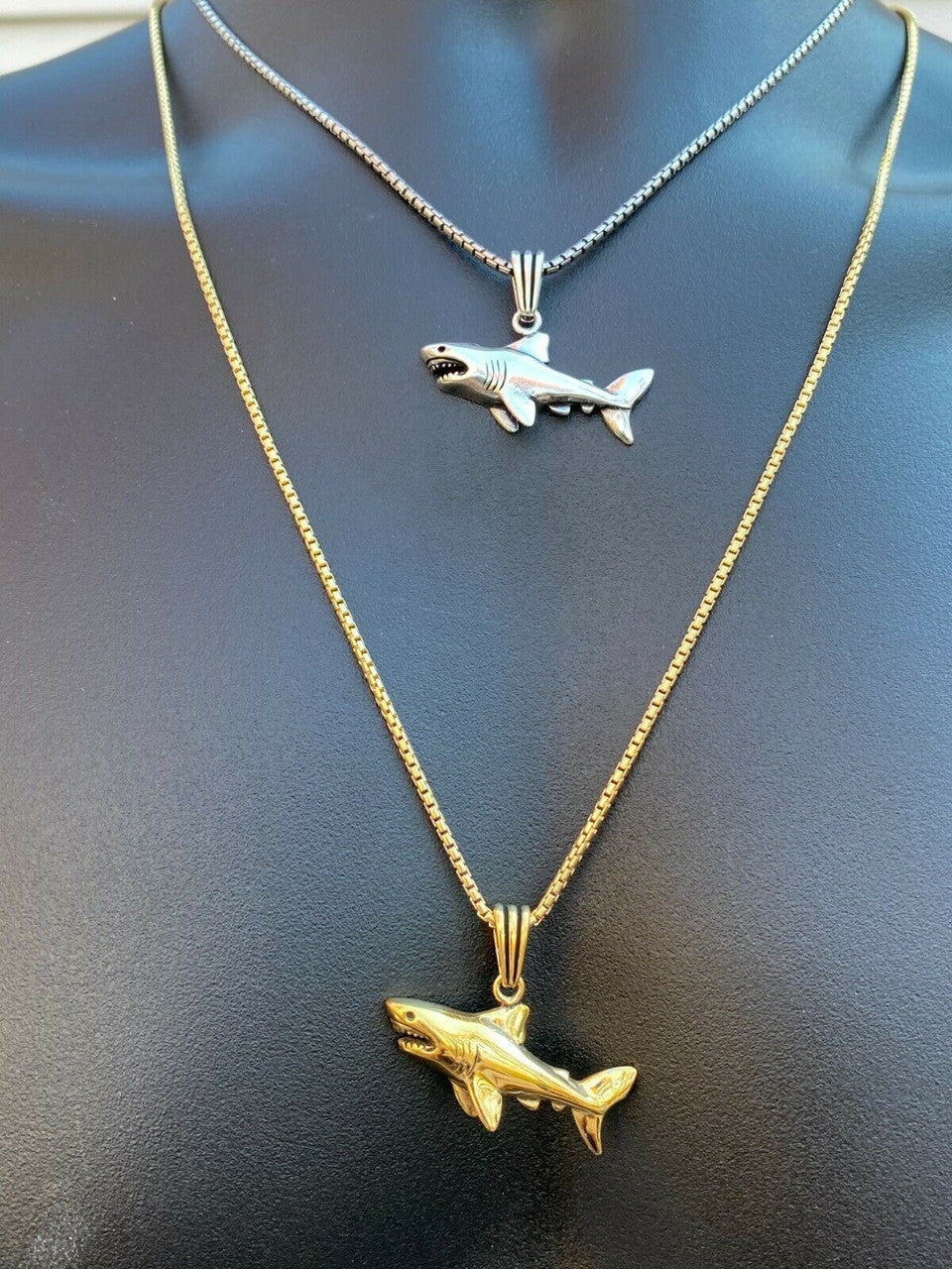 Solid 925 Sterling Silver 3D Great White Shark Gold Large Mens Ladies Necklace