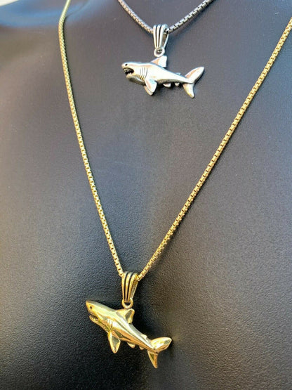 Solid 925 Sterling Silver 3D Great White Shark Gold Large Mens Ladies Necklace