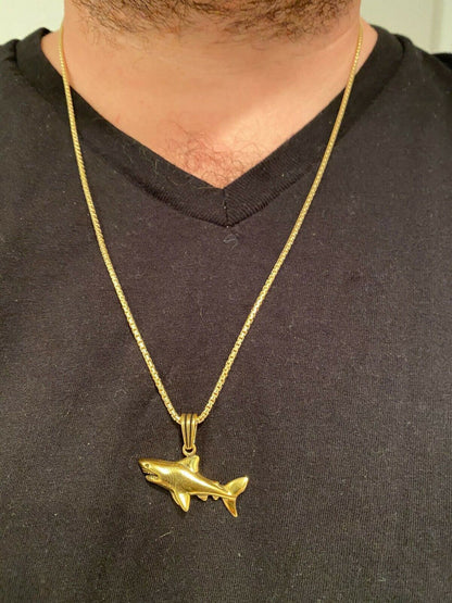 Solid 925 Sterling Silver 3D Great White Shark Gold Large Mens Ladies Necklace