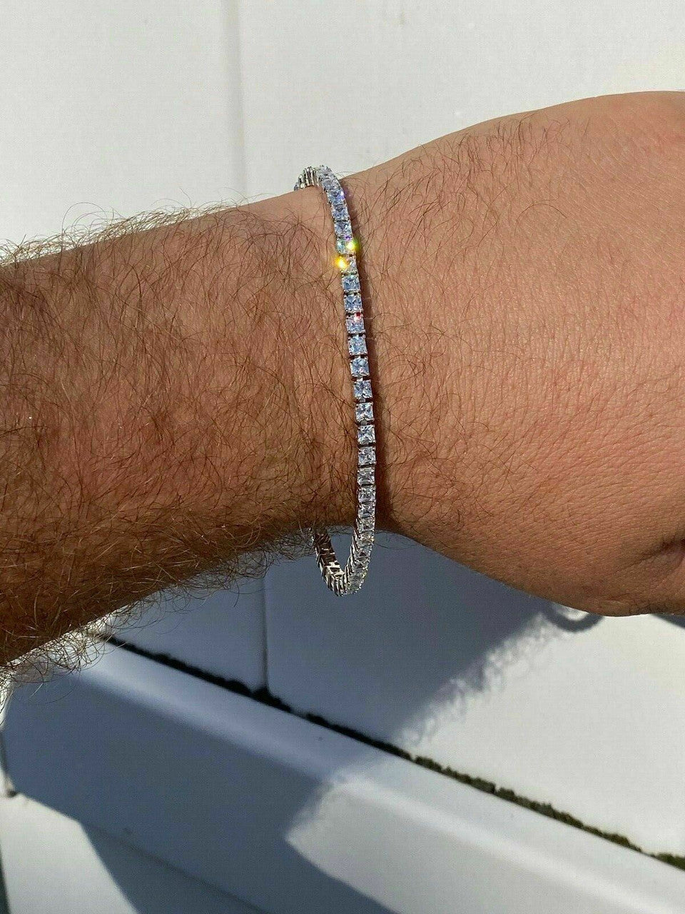 SOLID 925 Sterling Silver 3mm Tennis Bracelet 1 Row Princess Baguette Diamond