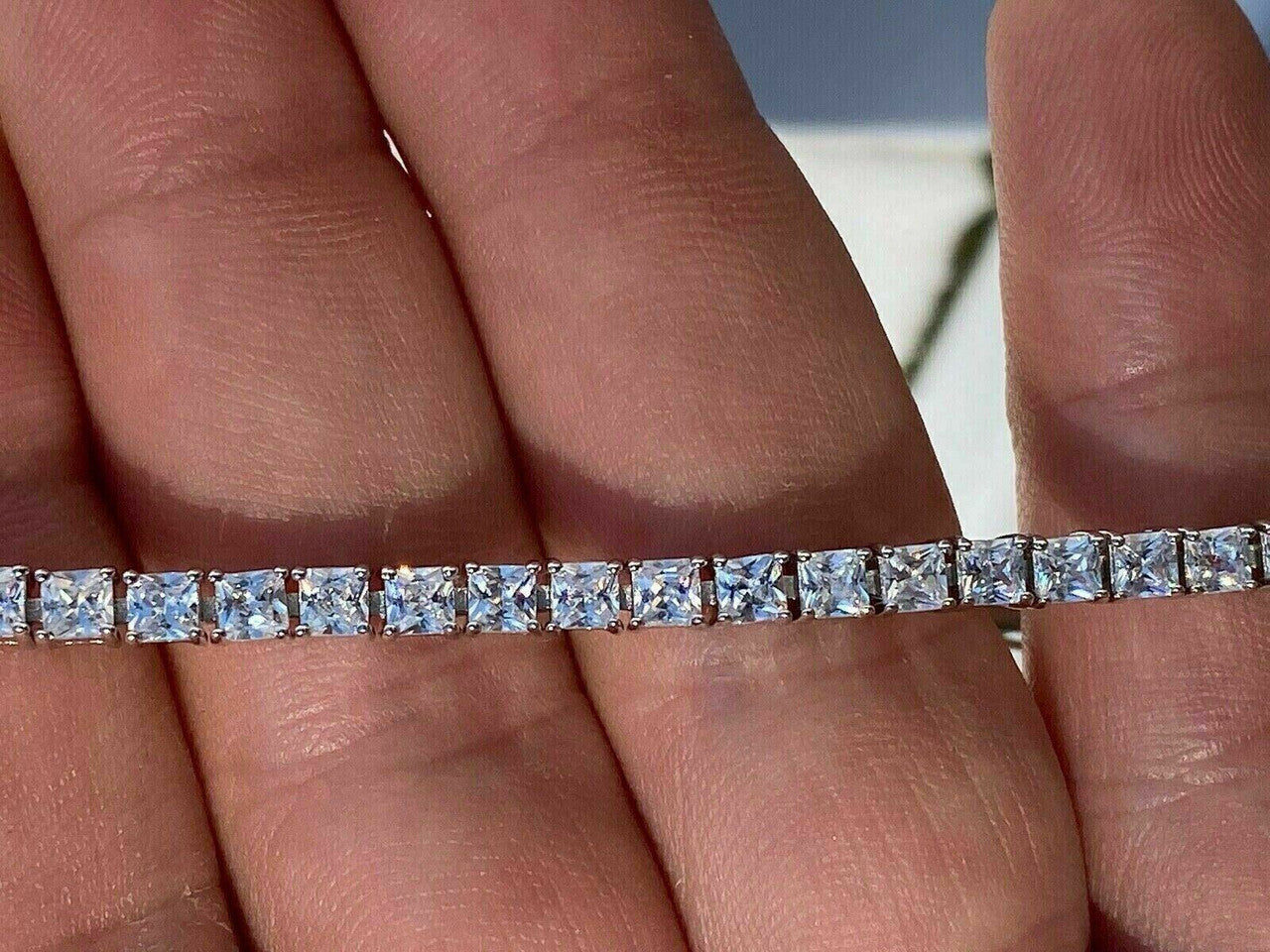 SOLID 925 Sterling Silver 3mm Tennis Bracelet 1 Row Princess Baguette Diamond