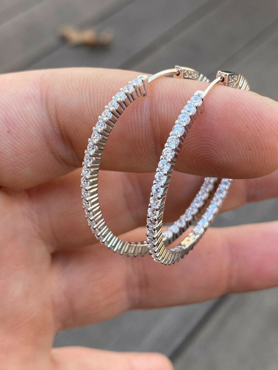 Solid 925 Sterling Silver Big Endless Hoops Earrings 1.5 40mm 1ct TW Diamond