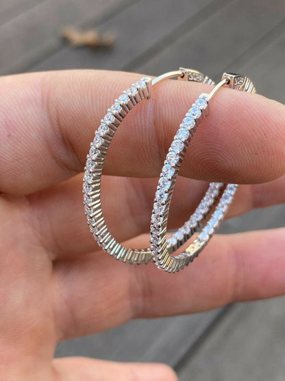 Solid 925 Sterling Silver Big Endless Hoops Earrings 1.5 40mm 1ct TW Diamond