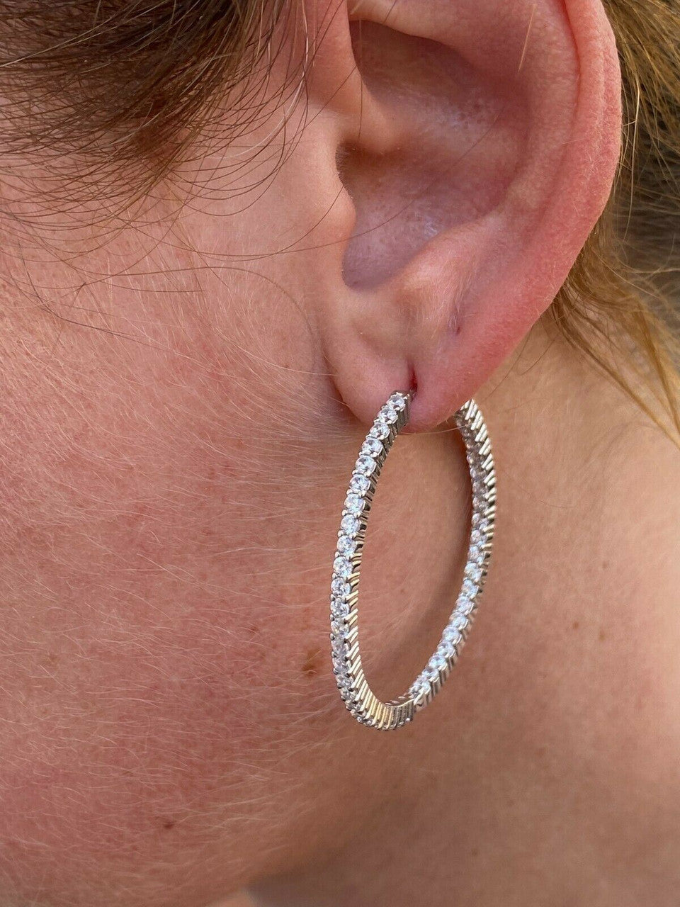 Solid 925 Sterling Silver Big Endless Hoops Earrings 1.5 40mm 1ct TW Diamond