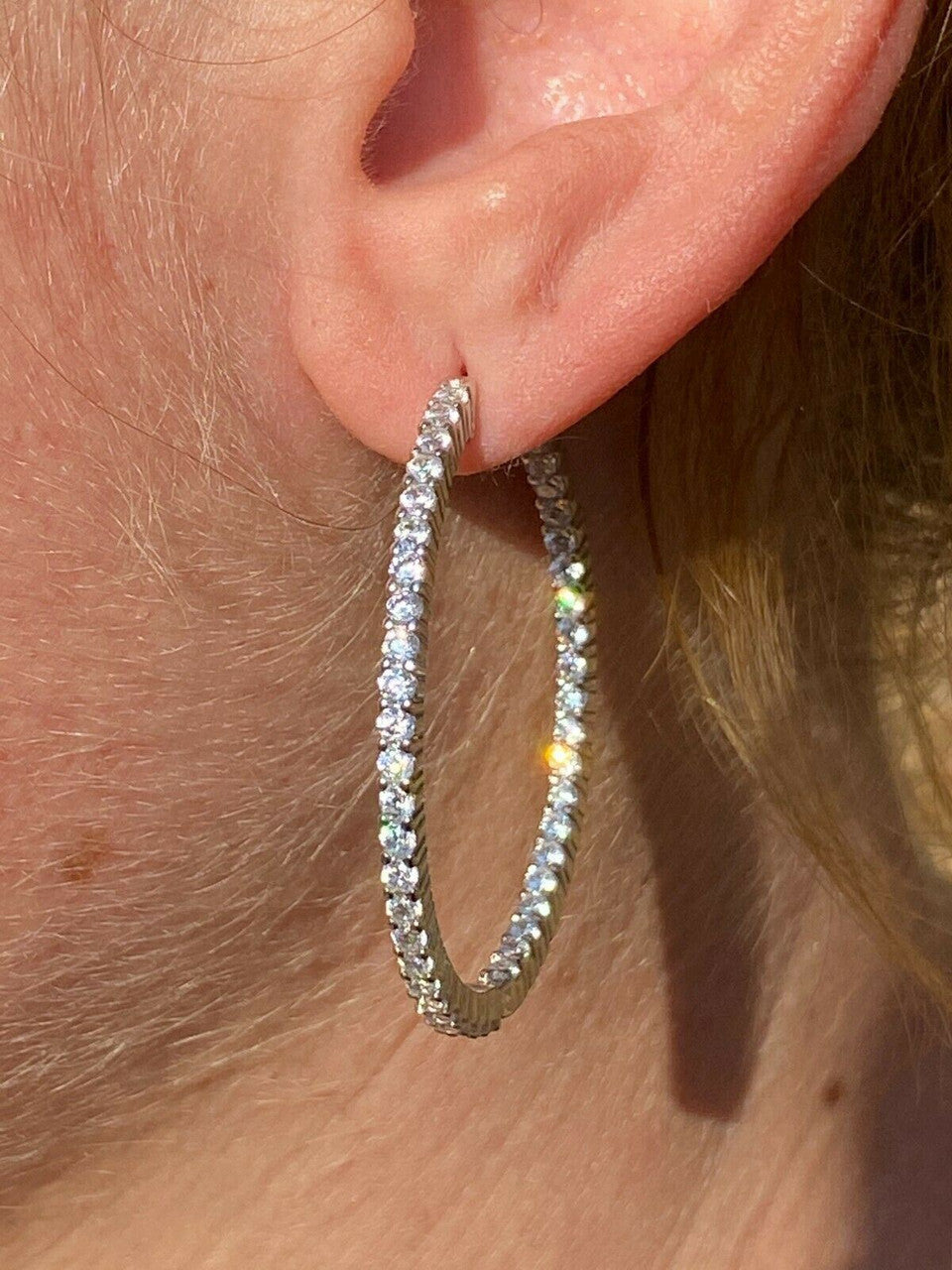 Solid 925 Sterling Silver Big Endless Hoops Earrings 1.5 40mm 1ct TW Diamond