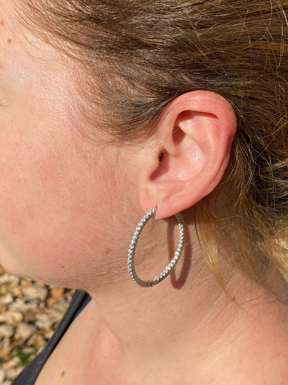 Solid 925 Sterling Silver Big Endless Hoops Earrings 1.5 40mm 1ct TW Diamond