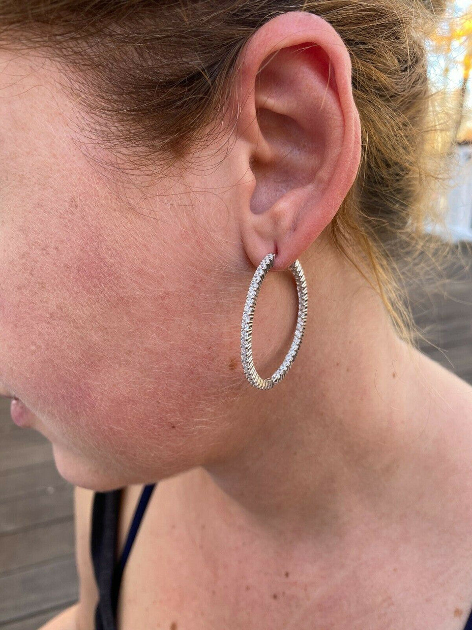 Solid 925 Sterling Silver Big Endless Hoops Earrings 1.5 40mm 1ct TW Diamond