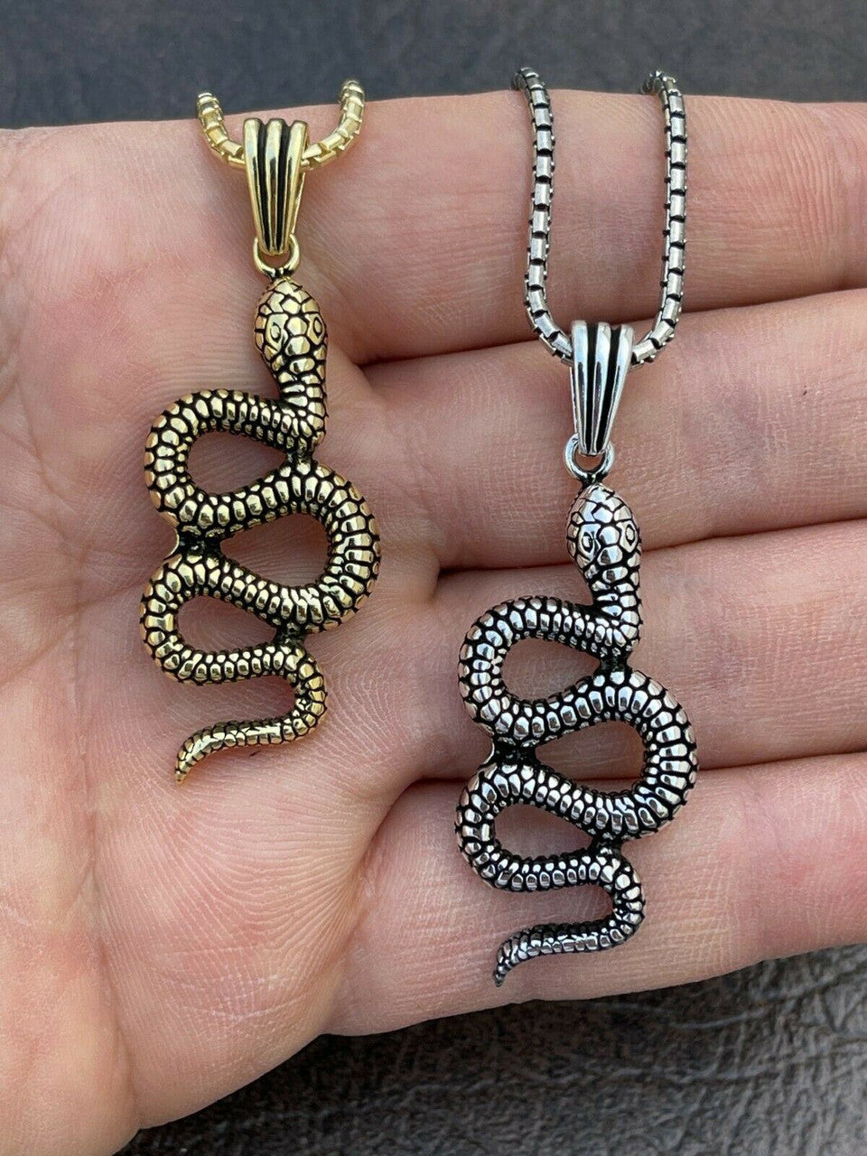 Solid 925 Sterling Silver Cobra Snake Viper Pendant Gold Necklace Large 1.75