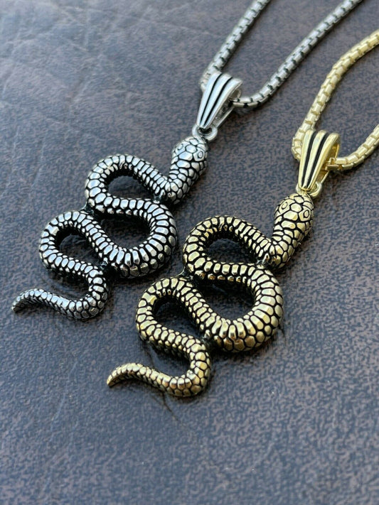 Solid 925 Sterling Silver Cobra Snake Viper Pendant Gold Necklace Large 1.75