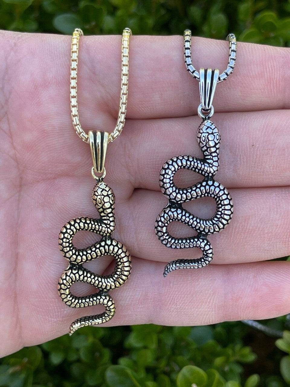 Solid 925 Sterling Silver Cobra Snake Viper Pendant Gold Necklace Large 1.75