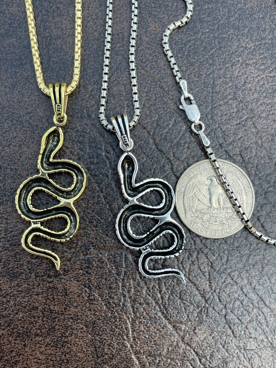Solid 925 Sterling Silver Cobra Snake Viper Pendant Gold Necklace Large 1.75