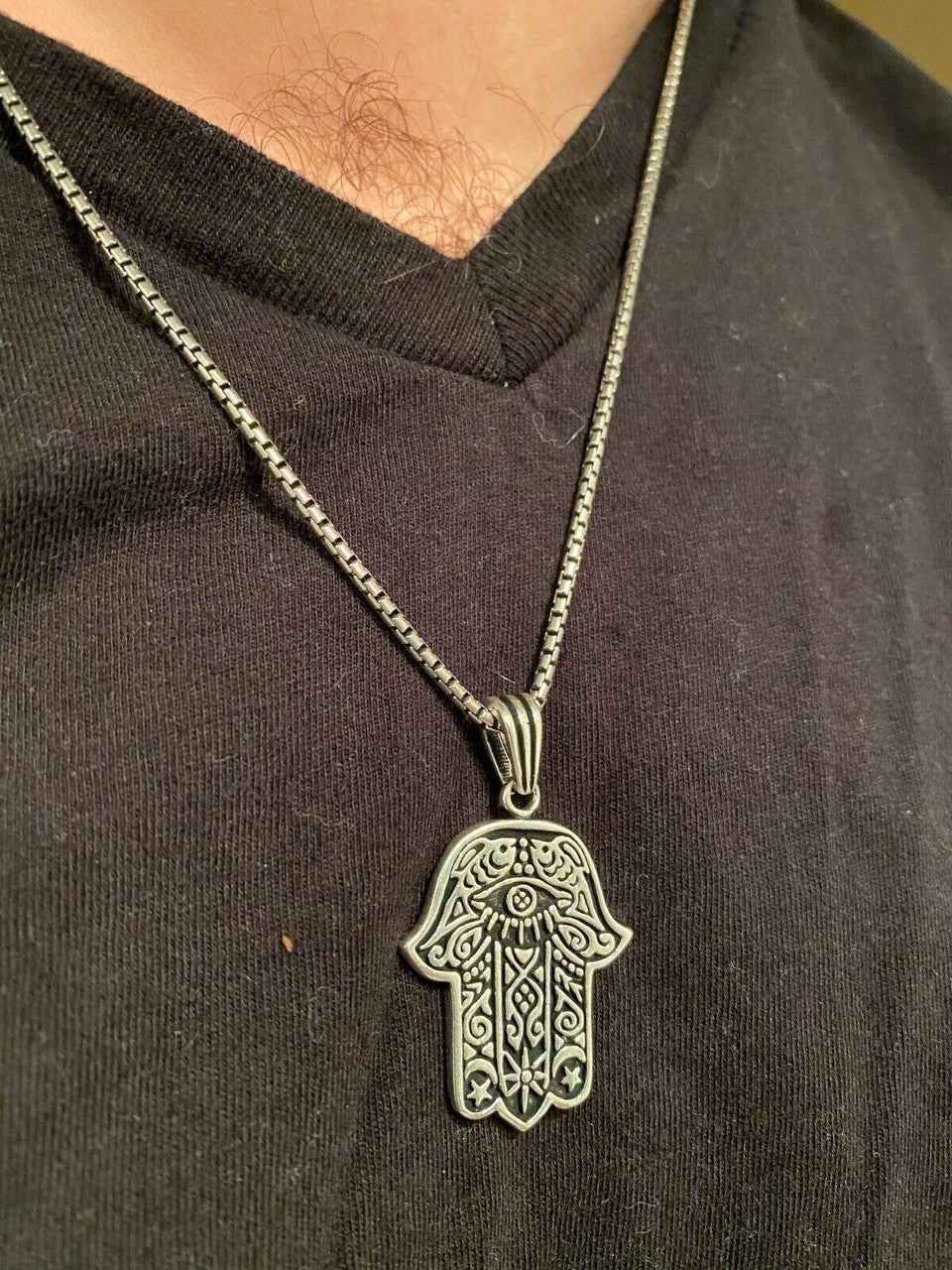 Solid 925 Sterling Silver Hamsa Hand Of Fatima Pendant Gold Necklace Large 1.75