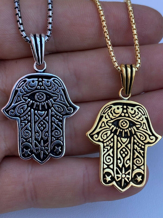 Solid 925 Sterling Silver Hamsa Hand Of Fatima Pendant Gold Necklace Large 1.75