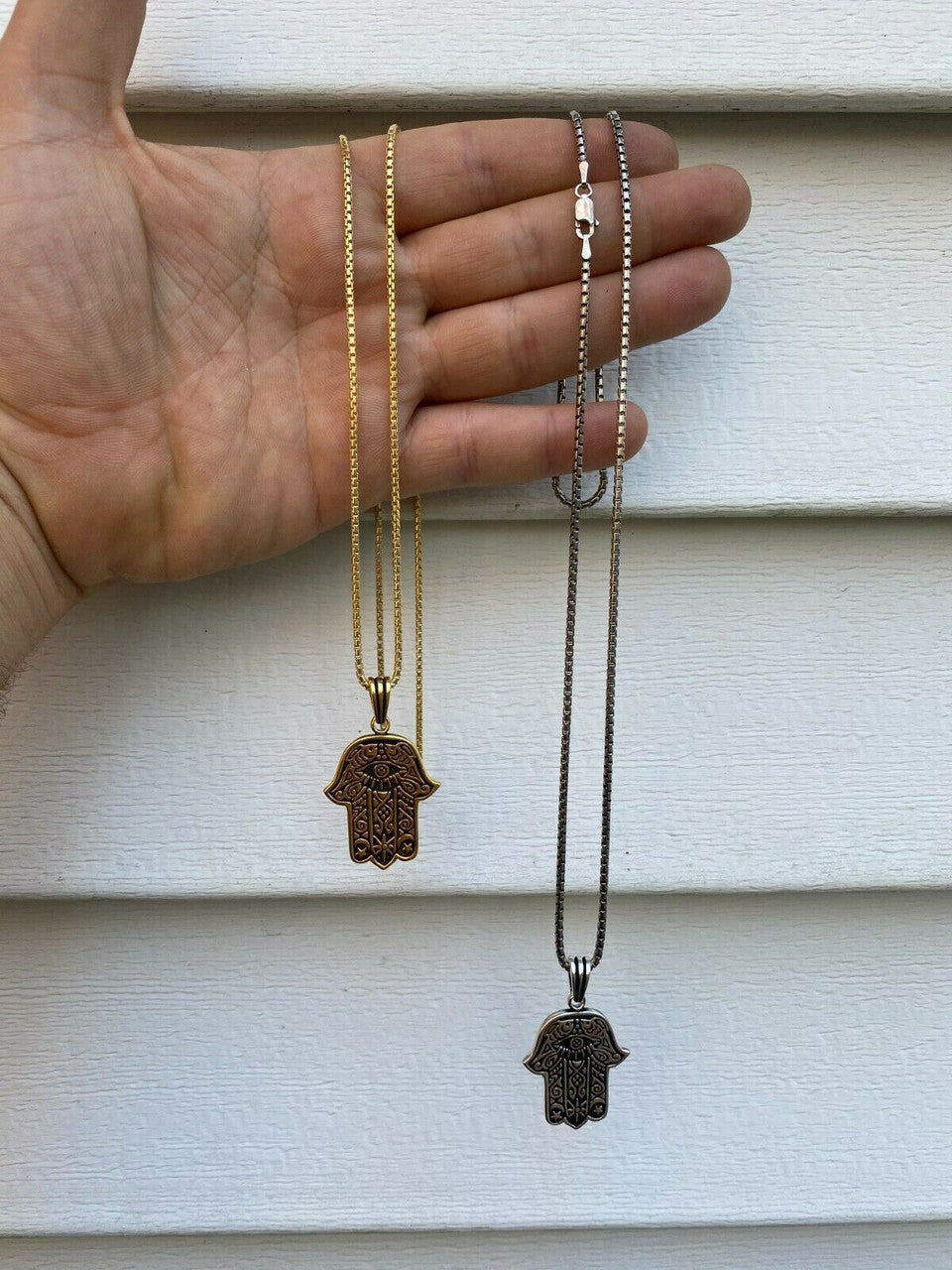 Solid 925 Sterling Silver Hamsa Hand Of Fatima Pendant Gold Necklace Large 1.75